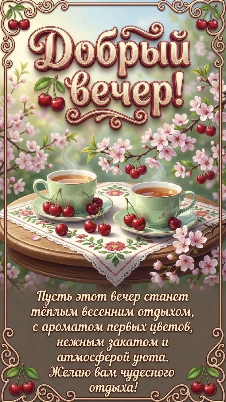 Добрый вечер! Пусть этот вечер станет тёплым весенним отдыхом, с ароматом первых цветов, нежным закатом и атмосферой уюта. Желаю вам чудесного отдыха!