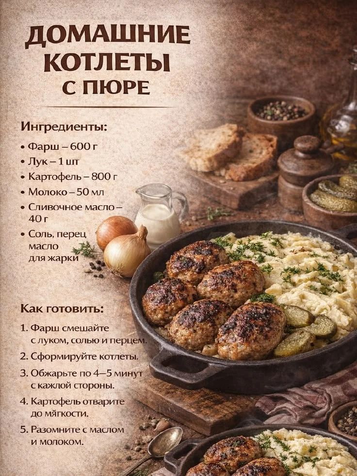 ДОМАШНИЕ КОТЛЕТЫ С ПЮРЕ Ингредиенты: • Фарш – 600 г • Лук – 1 шт • Картофель – 800 г • Молоко – 50 мл • Сливочное масло – 40 г • Соль, перец масло для жарки Как готовить: 1. Фарш смешайте с луком, солью и перцем. 2. Сформируйте котлеты. 3. Обжарьте по 4–5 минут с каждой стороны. 4. Картофель отварите до мягкости. 5. Разомните с маслом и молоком.