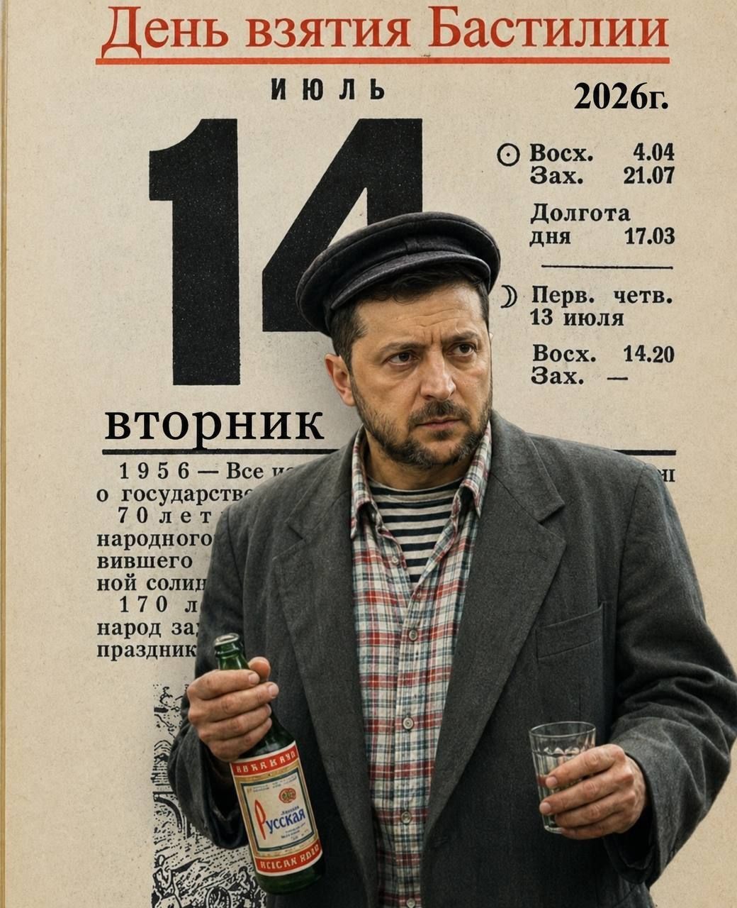 День взятия Бастилии ИЮЛЬ 2026г. 14 ВТОРНИК Восх. 4.04 Зах. 21.07 Долгота дня 17.03 Перв. четв. 13 июля Восх. 14.20 Зах. — 1956 — Все о государстве 70 лет народного вившего ной солип 170 л народ за праздник. Мужчина, похожий на Зеленского, в кепке и рабочей одежде, держит бутылку с надписью 'Русская' и стакан.