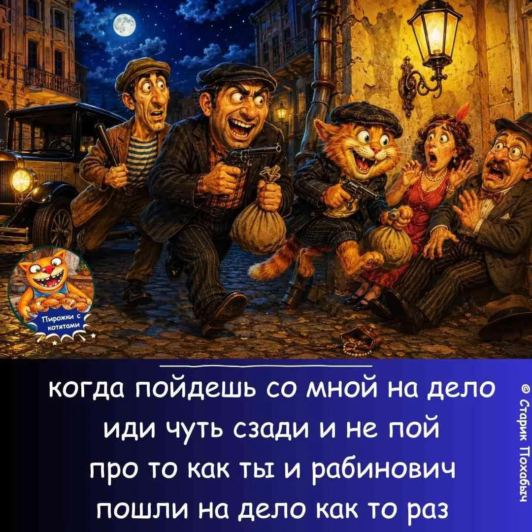 когда пойдешь со мной на дело иди чуть сзади и не пой про то как ты и рабинович пошли на дело как то раз. Пирожки с котятами.