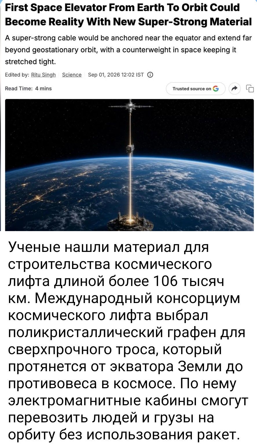 First Space Elevator From Earth To Orbit Could Become Reality With New Super-Strong Material. Ученые нашли материал для строительства космического лифта длиной более 106 тысяч км.