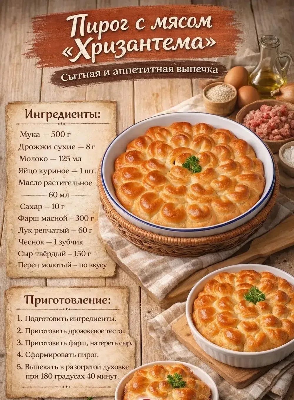 Пирог с мясом «Хризантема» Сытная и аппетитная выпечка Ингредиенты: Мука – 500 г Дрожжи сухие – 8 г Молоко – 125 мл Яйцо куриное – 1 шт. Масло растительное – 60 мл Сахар – 10 г Фарш мясной – 300 г Лук репчатый – 60 г Чеснок – 1 зубчик Сыр твёрдый – 150 г Перец молотый – по вкусу Приготовление: 1. Подготовить ингредиенты. 2. Приготовить дрожжевое