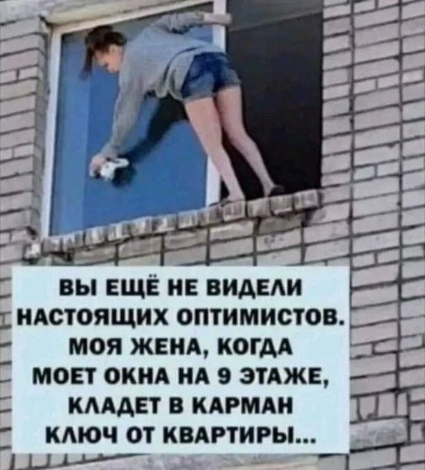 ВЫ ЕЩЁ НЕ ВИДЕЛИ НАСТОЯЩИХ ОПТИМИСТОВ. МОЯ ЖЕНА, КОГДА МОЕТ ОКНА НА 9 ЭТАЖЕ, КЛАДЕТ В КАРМАН КЛЮЧ ОТ КВАРТИРЫ...