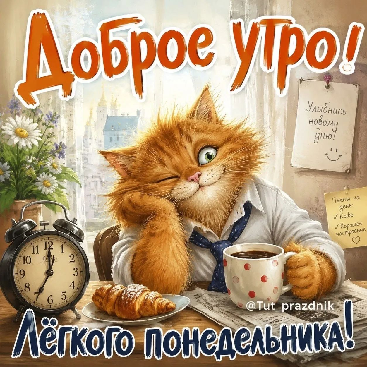 Доброе утро! Улыбнись новому дню! Планы на день: ✓ Кофе ✓ Хорошее настроение @Tut_prazdnik Лёгкого понедельника!