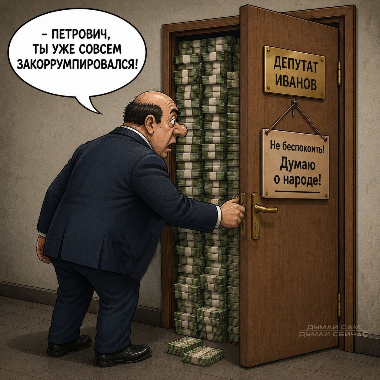 - ПЕТРОВИЧ, ТЫ УЖЕ СОВСЕМ ЗАКОРРУМПИРОВАЛСЯ! ДЕПУТАТ ИВАНОВ Не беспокоить! Думаю о народе!