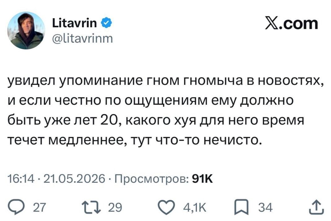 увидел упоминание гном гномыча в новостях, и если честно по ощущениям ему должно быть уже лет 20, какого хуя для него время течет медленнее, тут что-то нечисто.