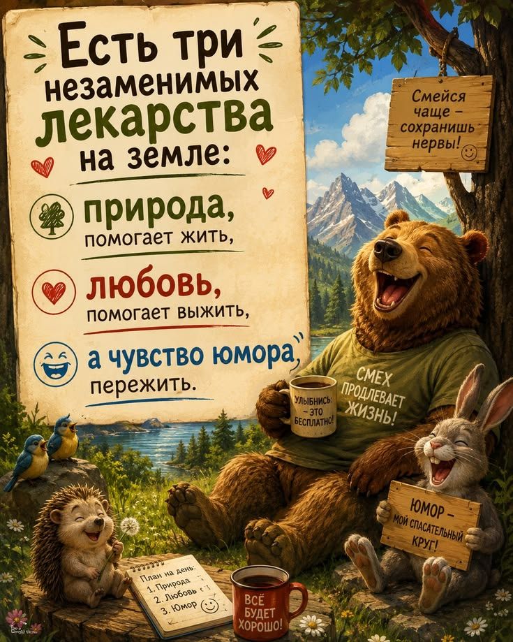 Есть три незаменимых лекарства на земле: природа, помогает жить, любовь, помогает выжить, а чувство юмора, пережить. Смейся чаще - сохранишь нервы! Улыбнись: - это бесплатно! СМЕХ ПРОДЛЕВАЕТ ЖИЗНЬ! ЮМОР - МОЙ СПАСАТЕЛЬНЫЙ КРУГ! План на день: 1. Природа 2. Любовь 3. Юмор. ВСЁ БУДЕТ ХОРОШО!