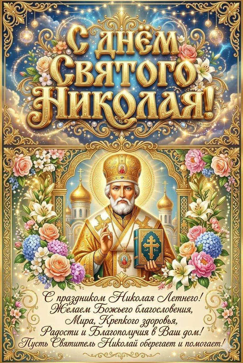 С Днём Святого Николая! С праздником Николая Летнего! Желаем Божьего благословения, Мира, Крепкого здоровья, Радости и Благополучия в Ваш дом! Пусть Святитель Николай оберегает и помогает!