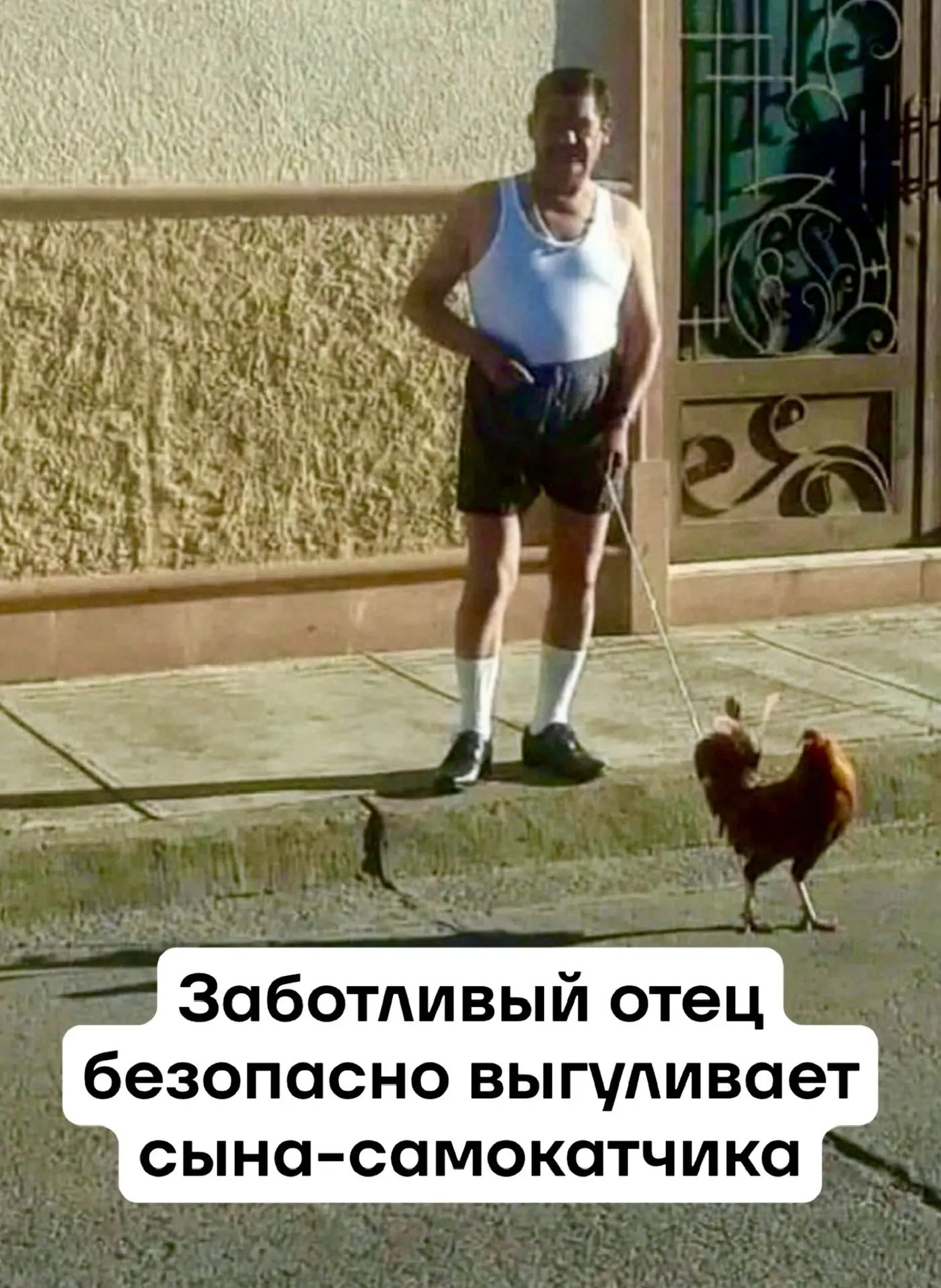 Заботливый отец безопасно выгуливает сына-самокатчика