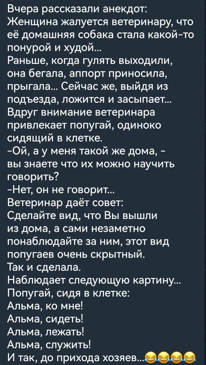 Вчера рассказали анекдот:
Женщина жалуется ветеринару, что её домашняя собака стала какой-то понурой и худой...
Раньше, когда гулять выходили, она бегала, аппорт приносила, прыгала... Сейчас же, выйдя из подъезда, ложится и засыпает...
Вдруг внимание ветеринара привлекает попугай, одиноко сидящий в клетке.
-Ой, а у меня такой же дома, - вы знаете