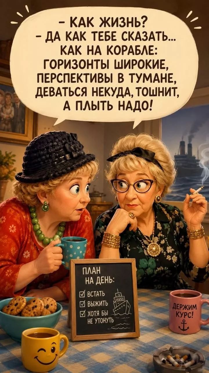 - Как жизнь? - Да как тебе сказать... Как на корабле: горизонты широкие, перспективы в тумане, деваться некуда, тошнит, а плыть надо! План на день: встать, выжить, хотя бы не утонуть. Держим курс!