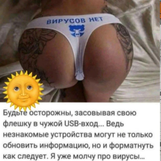 ВИРУСОВ НЕТ
Будьте осторожны, засовывая свою флешку в чужой USB-вход... Ведь незнакомые устройства могут не только обновить информацию, но и форматнуть как следует. Я уже молчу про вирусы...