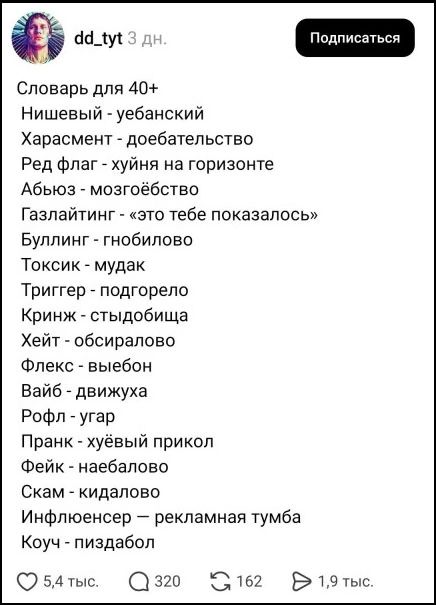 Словарь для 40+
Нишевый - уебанский
Харасмент - доебательство
Ред флаг - хуйня на горизонте
Абьюз - мозгоебство
Газлайтинг - «это тебе показалось»
Буллинг - гнобилово
Токсик - мудак
Триггер - подгорело
Кринж - стыдобища
Хейт - обсиралово
Флекс - выебон
Вайб - движуха
Рофл - угар
Пранк - хуёвый прикол
Фейк - наебалово
Скам - кидалово
Инфлюенсер -