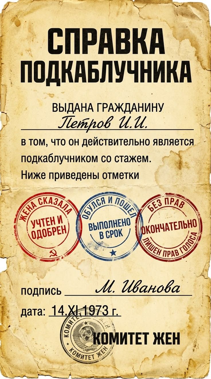 СПРАВКА ПОДКАБЛУЧНИКА ВЫДАНА ГРАЖДАНИНУ Петров И.И. в том, что он действительно является подкаблучником со стажем. Ниже приведены отметки ЖЕНА СКАЗАЛА УЧТЕН И ОДОБРЕН ОБУЛСЯ И ПОШЕЛ ВЫПОЛНЕНО В СРОК БЕЗ ПРАВ ОКОНЧАТЕЛЬНО ЛИШЕН ПРАВ ГОЛОСА подпись М. Иванова дата 14.XI.1973 г. КОМИТЕТ ЖЕН