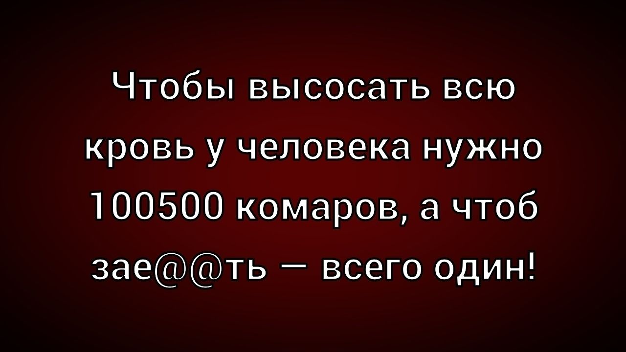 Чтобы высосать всю кровь у человека нужно 100500 комаров, а чтоб зае@@@ть — всего один!