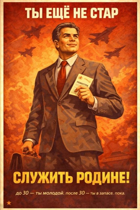 ТЫ ЕЩЁ НЕ СТАР ПОВЕСТКА СЛУЖИТЬ РОДИНЕ! до 30 — ты молодой. после 30 — ты в запасе. пока.