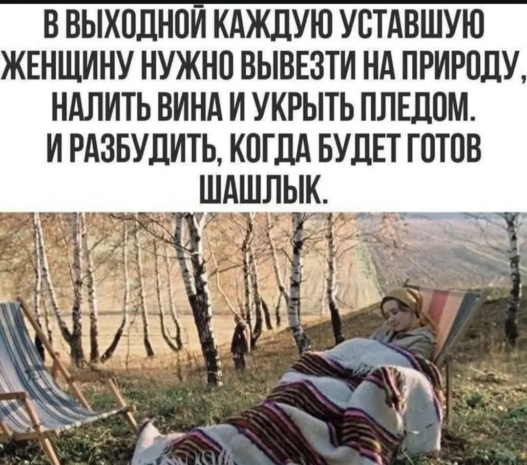 В ВЫХОДНОЙ КАЖДУЮ УСТАВШУЮ ЖЕНЩИНУ НУЖНО ВЫВЕЗТИ НА ПРИРОДУ, НАЛИТЬ ВИНА И УКРЫТЬ ПЛЕДОМ. И РАЗБУДИТЬ, КОГДА БУДЕТ ГОТОВ ШАШЛЫК.