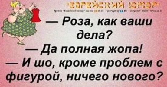 Еврейский юмор. — Роза, как ваши дела? — Да полная жопа! — И шо, кроме проблем с фигурой, ничего нового?