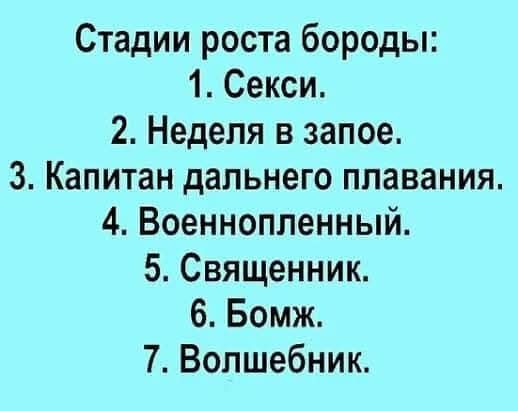 Стадии роста бороды: 1. Секси. 2. Неделя в запое. 3. Капитан дальнего плавания. 4. Военнопленный. 5. Священник. 6. Бомж. 7. Волшебник.