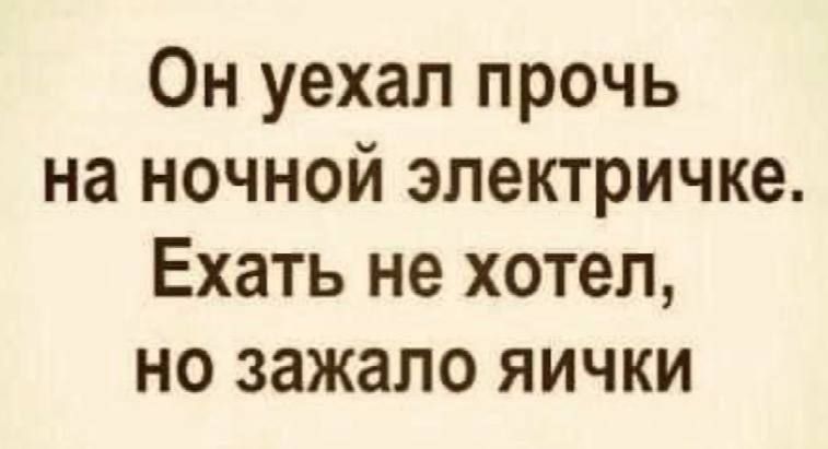 Он уехал прочь на ночной электричке. Ехать не хотел, но зажало яички