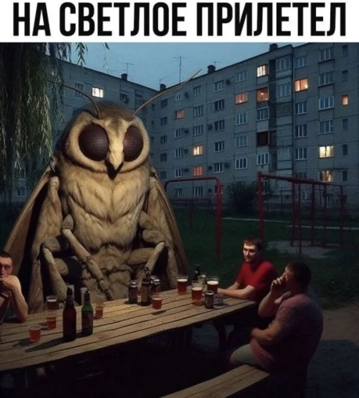 НА СВЕТЛОЕ ПРИЛЕТЕЛ. Гигантский мотылек сидит за столом с мужчинами, которые пьют пиво, на фоне жилых домов.