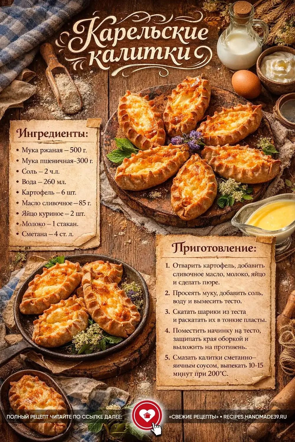 Карельские калитки. Ингредиенты: Мука ржаная – 500 г. Мука пшеничная – 300 г. Соль – 2 ч.л. Вода – 260 мл. Картофель – 6 шт. Масло сливочное – 85 г. Яйцо куриное – 2 шт. Молоко – 1 стакан. Сметана – 4 ст. л. Приготовление: 1. Отварить картофель, добавить сливочное масло, молоко, яйцо и сделать пюре. 2. Просеять муку, добавить соль, воду и вымесить