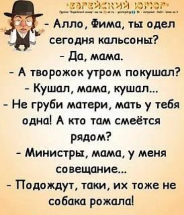 Алло, Фима, ты одел сегодня кальсоны? - Да, мама. - А творожок утром покушал? - Кушал, мама, кушал... - Не груби матери, мать у тебя одна! А кто там смеётся рядом? - Министры, мама, у меня совещание... - Подождут, таки, их тоже не собака рожала!