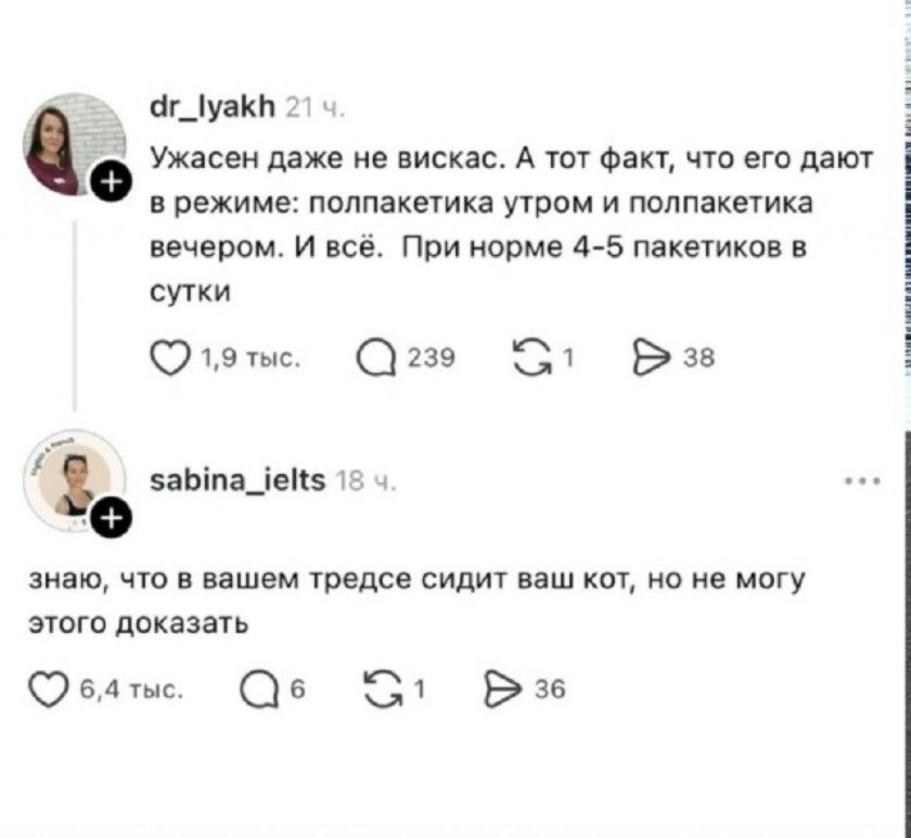 Ужасен даже не вискас. А тот факт, что его дают в режиме: полпакетика утром и полпакетика вечером. И всё. При норме 4-5 пакетиков в сутки. знаю, что в вашем тредсе сидит ваш кот, но не могу этого доказать