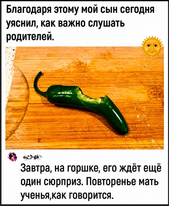 Благодаря этому мой сын сегодня уяснил, как важно слушать родителей. Завтра, на горшке, его ждёт ещё один сюрприз. Повторенье мать ученья, как говорится.
