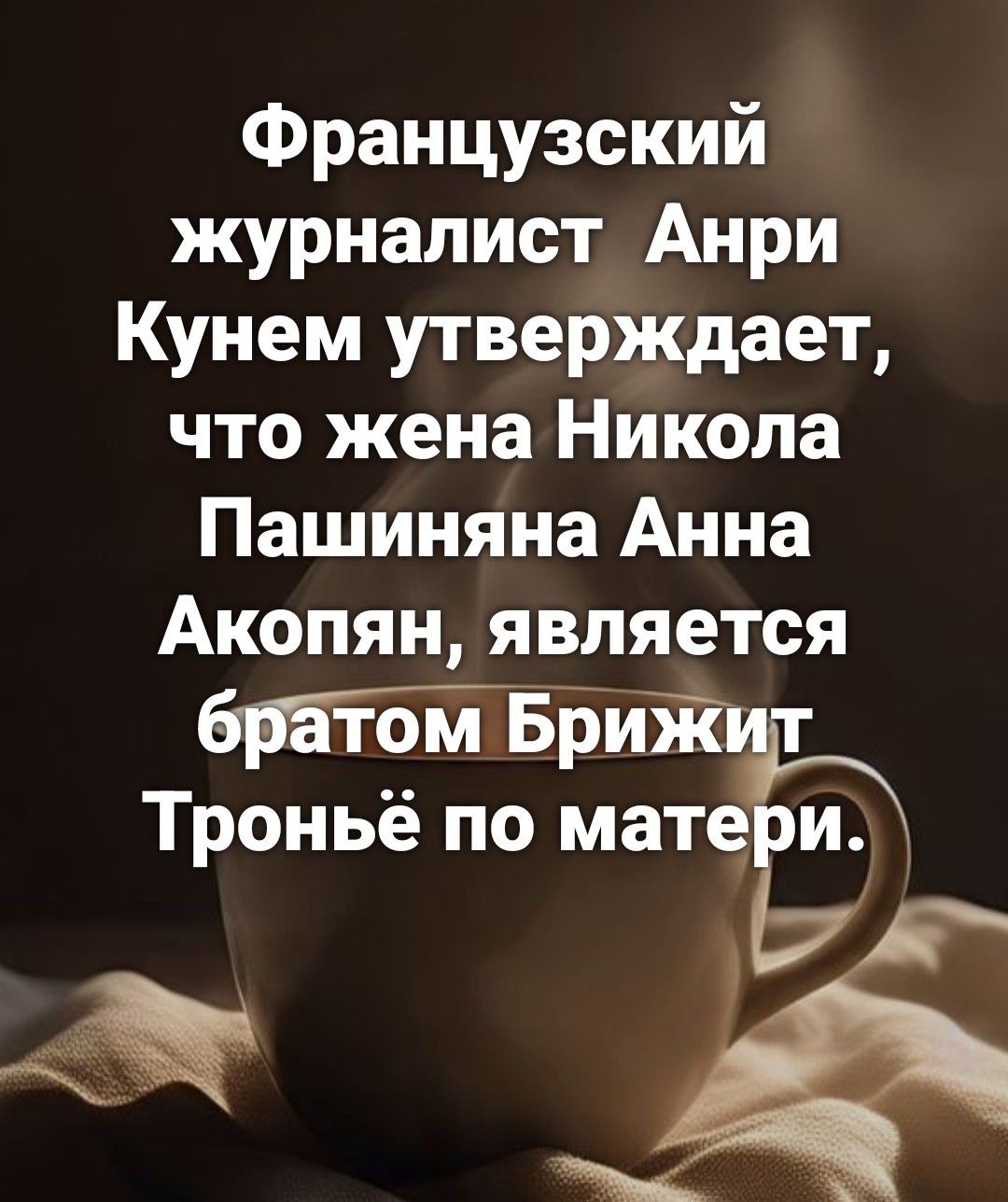 Французский журналист Анри Кунем утверждает, что жена Никола Пашиняна Анна Акопян, является братом Брижит Троньё по матери.