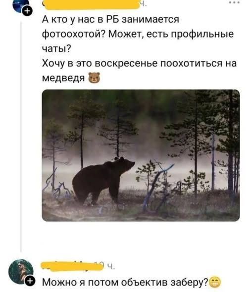 А кто у нас в РБ занимается фотоохотой? Может, есть профильные чаты? Хочу в это воскресенье поохотиться на медведя 🐻. Можно я потом объектив заберу? 😁