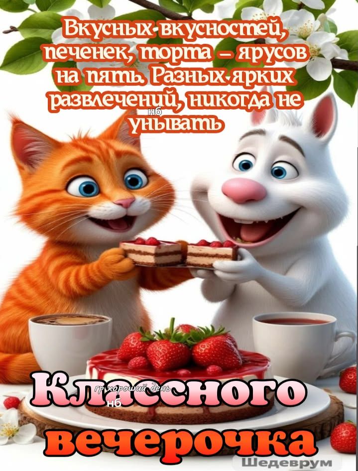 Вкусных-вкусностей, печенек, торта – ярусов на пять. Разных-ярких развлечений, никогда не унывать. Классного вечерочка. НО. гр хороший день. Шедеврум.