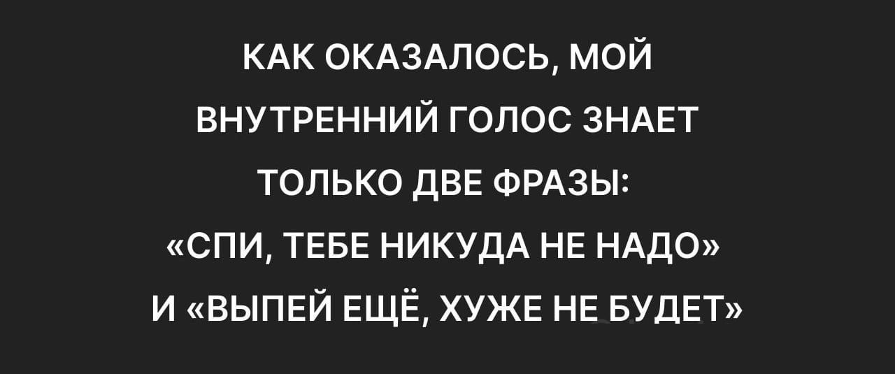 КАК ОКАЗАЛОСЬ, МОЙ ВНУТРЕННИЙ ГОЛОС ЗНАЕТ ТОЛЬКО ДВЕ ФРАЗЫ: «СПИ, ТЕБЕ НИКУДА НЕ НАДО» И «ВЫПЕЙ ЕЩЁ, ХУЖЕ НЕ БУДЕТ»