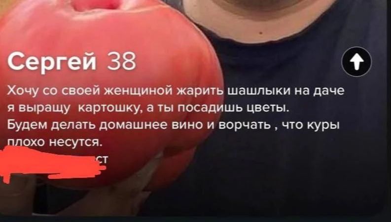 Сергей 38 Хочу со своей женщиной жарить шашлыки на даче я выращу картошку, а ты посадишь цветы. Будем делать домашнее вино и ворчать, что куры плохо несутся.