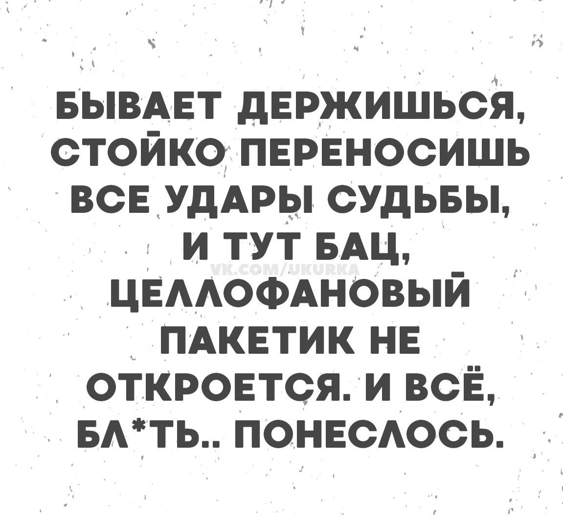 БЫВАЕТ ДЕРЖИШЬСЯ, СТОЙКО ПЕРЕНОСИШЬ ВСЕ УДАРЫ СУДЬБЫ, И ТУТ БАЦ, ЦЕЛЛОФАНОВЫЙ ПАКЕТИК НЕ ОТКРОЕТСЯ. И ВСЁ, БЛ*ТЬ.. ПОНЕСЛОСЬ.