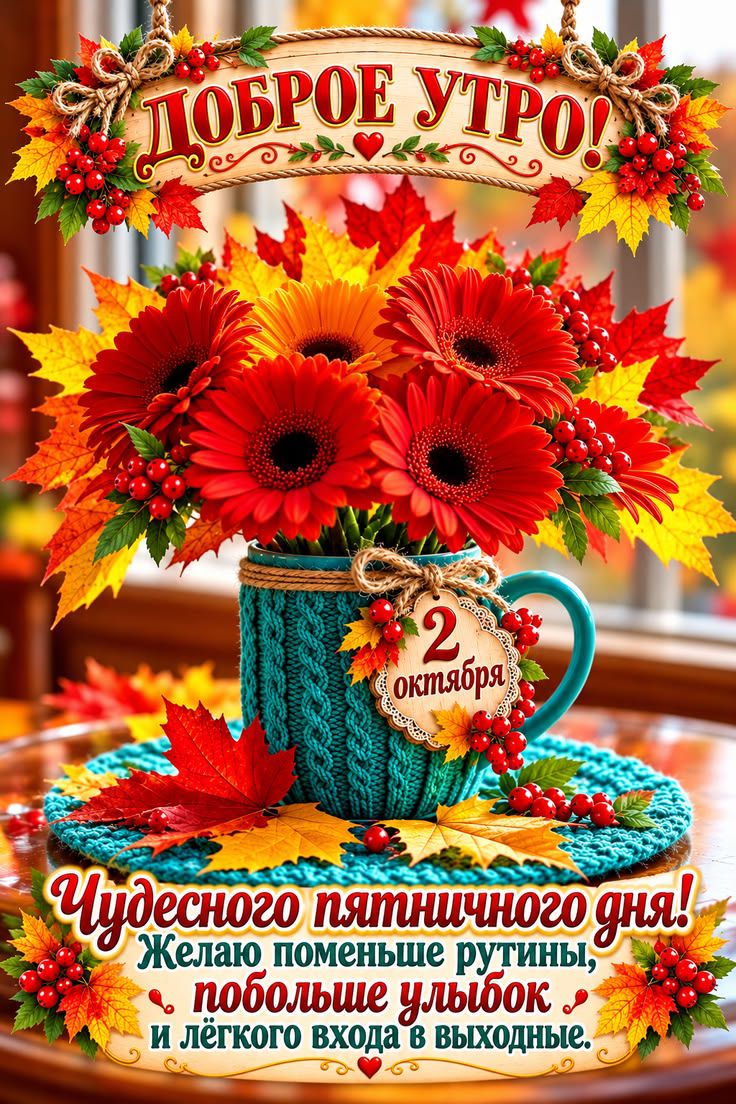 ДОБРОЕ УТРО! 2 октября Чудесного пятничного дня! Желаю поменьше рутины, побольше улыбок и лёгкого входа в выходные.