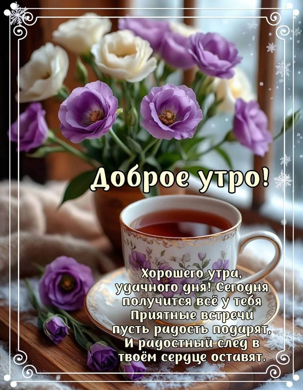 Доброе утро! Хорошего утра, удачного дня! Сегодня получится всё у тебя Приятные встречи пусть радость подарят, И радостный след в твоём сердце оставят.