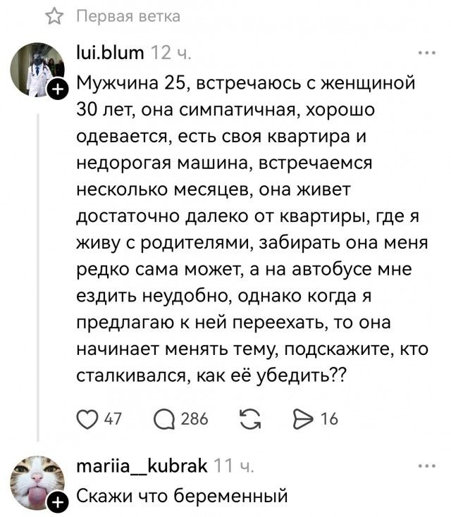 Первая ветка lui.blum 12 ч. Мужчина 25, встречаюсь с женщиной 30 лет, она симпатичная, хорошо одевается, есть своя квартира и недорогая машина, встречаемся несколько месяцев, она живет достаточно далеко от квартиры, где я живу с родителями, забирать она меня редко сама может, а на автобусе мне ездить неудобно, однако когда я предлагаю к ней