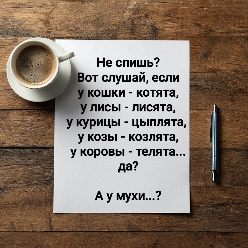 Не спишь? Вот слушай, если у кошки - котята, у лисы - лисята, у курицы - цыплята, у козы - козлята, у коровы - телята... да? А у мухи...?