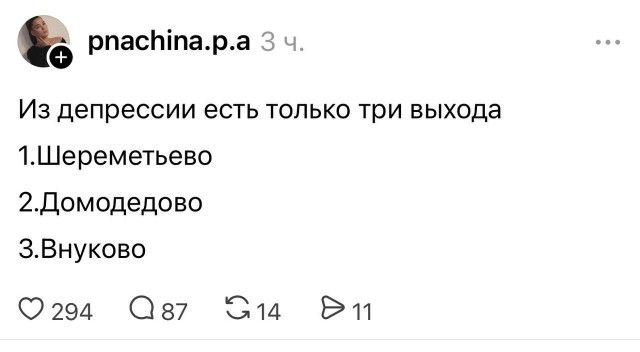 Из депрессии есть только три выхода 1.Шереметьево 2.Домодедово 3.Внуково