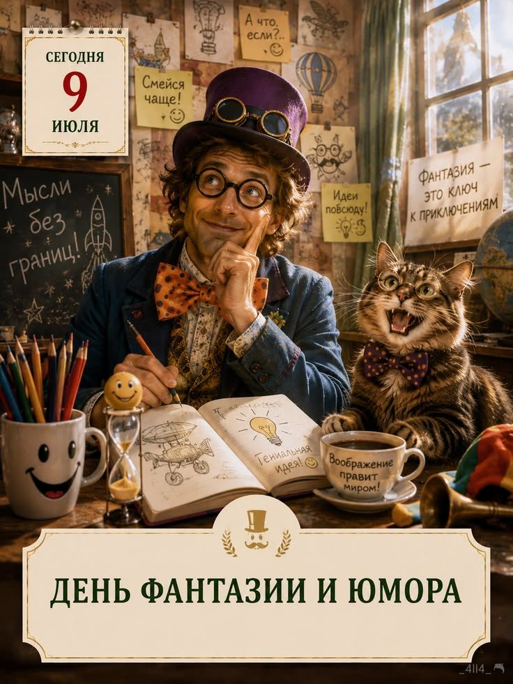 СЕГОДНЯ 9 ИЮЛЯ Мысли без границ! А что, если?.. Смейся чаще! Идеи повсюду! ФАНТАЗИЯ - ЭТО КЛЮЧ К ПРИКЛЮЧЕНИЯМ Гениальная идея! Воображение правит миром! ДЕНЬ ФАНТАЗИИ И ЮМОРА