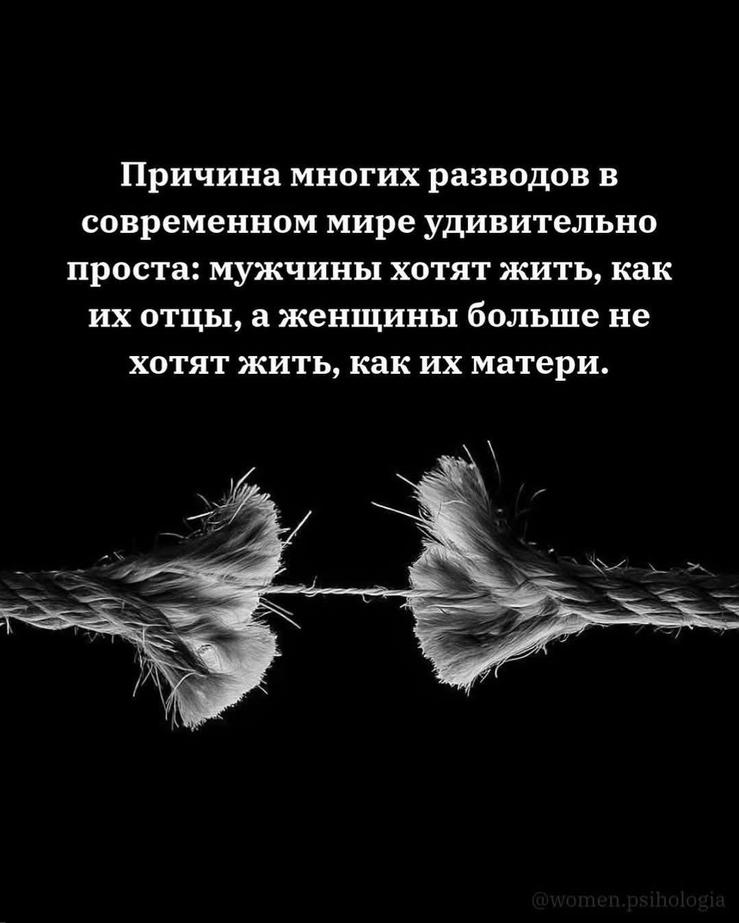 Причина многих разводов в современном мире удивительно проста: мужчины хотят жить, как их отцы, а женщины больше не хотят жить, как их матери.