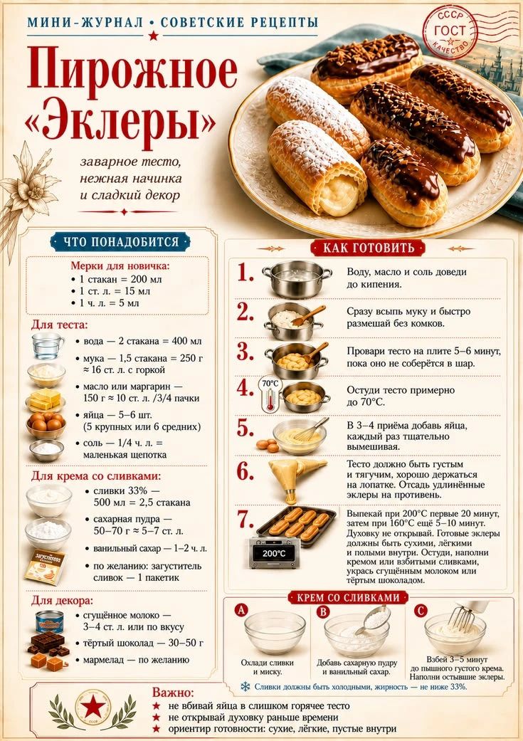 МИНИ-ЖУРНАЛ • СОВЕТСКИЕ РЕЦЕПТЫ СССР ГОСТ КАЧЕСТВО Пирожное «Эклеры» заварное тесто, нежная начинка и сладкий декор ЧТО ПОНАДОБИТСЯ Мерки для новичка: • 1 стакан = 200 мл • 1 ст. л. = 15 мл • 1 ч. л. = 5 мл Для теста: • вода — 2 стакана = 400 мл • мука — 1,5 стакана = 250 г ≈ 16 ст. л. с горкой • масло или маргарин — 150 г ≈ 10 ст. л. /3/4 пачки •