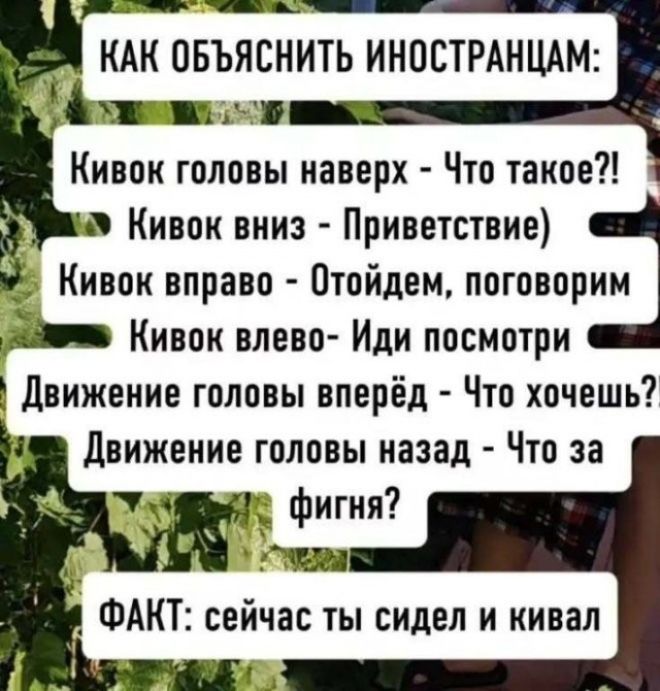 КАК ОБЪЯСНИТЬ ИНОСТРАНЦАМ: Кивок головы наверх - Что такое?! Кивок вниз - Приветствие) Кивок вправо - Отойдем, поговорим Кивок влево- Иди посмотри Движение головы вперёд - Что хочешь?! Движение головы назад - Что за фигня? ФАКТ: сейчас ты сидел и кивал