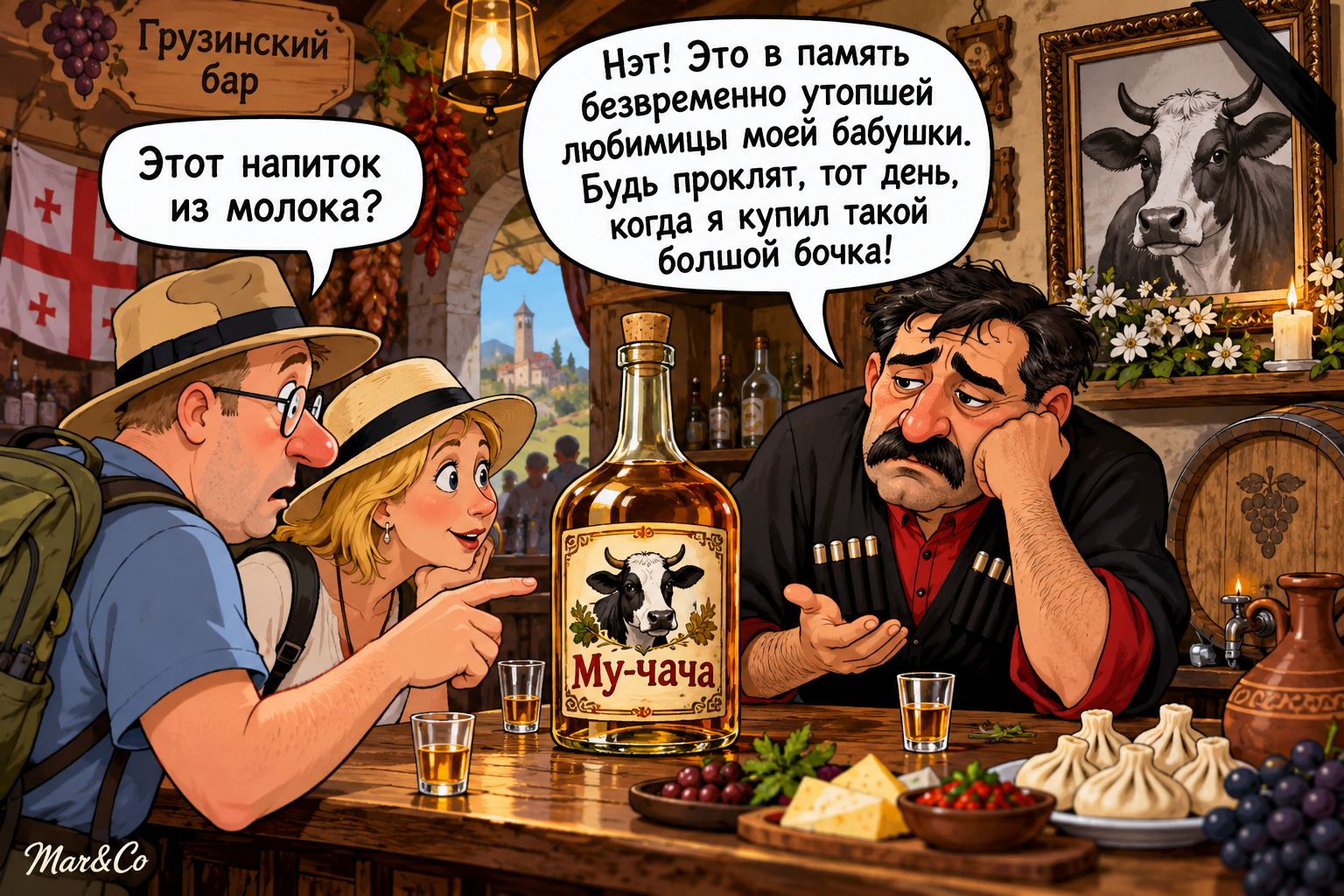 Грузинский бар. Этот напиток из молока? Нэт! Это в память безвременно утопшей любимицы моей бабушки. Будь проклят, тот день, когда я купил такой большой бочка! Му-чача Mar&Co