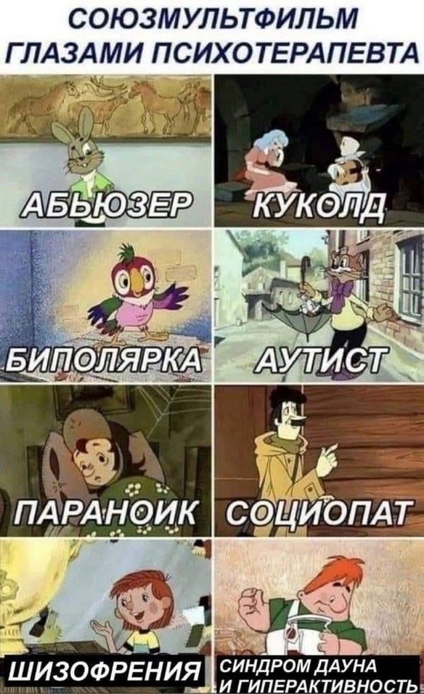 СОЮЗМУЛЬТФИЛЬМ ГЛАЗАМИ ПСИХОТЕРАПЕВТА АБЬЮЗЕР КУКОЛД БИПОЛЯРКА АУТИСТ ПАРАНОИК СОЦИОПАТ ШИЗОФРЕНИЯ СИНДРОМ ДАУНА И ГИПЕРАКТИВНОСТЬ