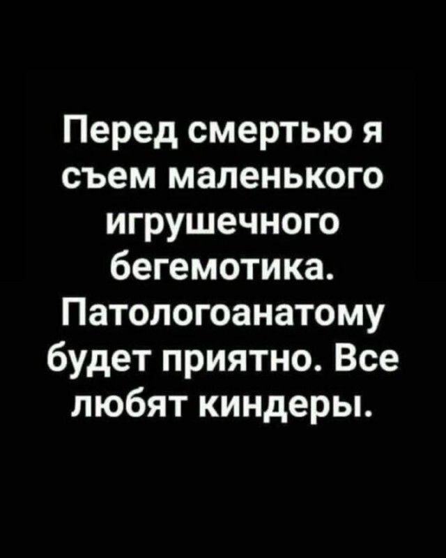 Перед смертью я съем маленького игрушечного бегемотика. Патологоанатому будет приятно. Все любят киндеры.