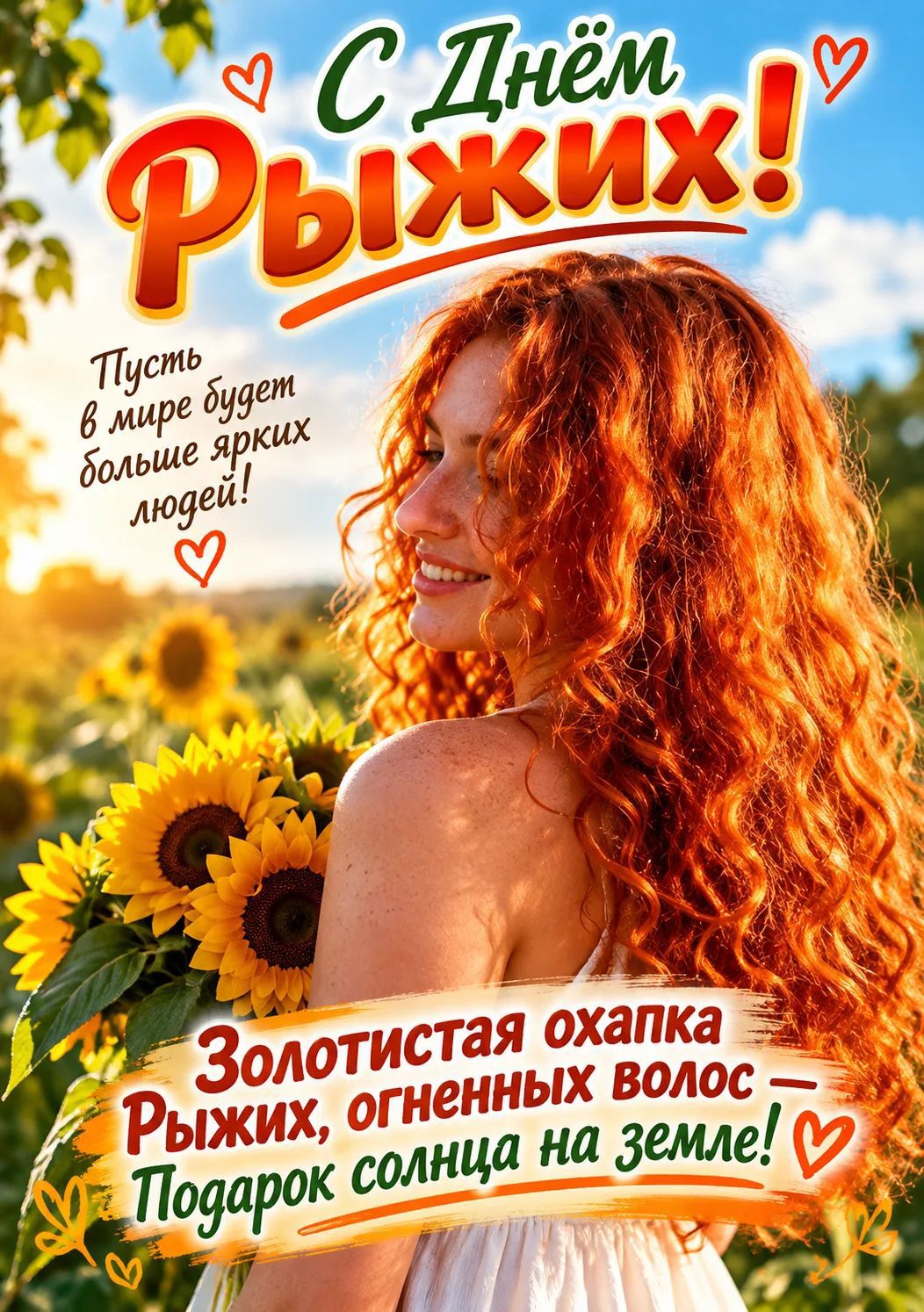 С Днём Рыжих! Пусть в мире будет больше ярких людей! Золотистая охапка рыжих, огненных волос — подарок солнца на земле!