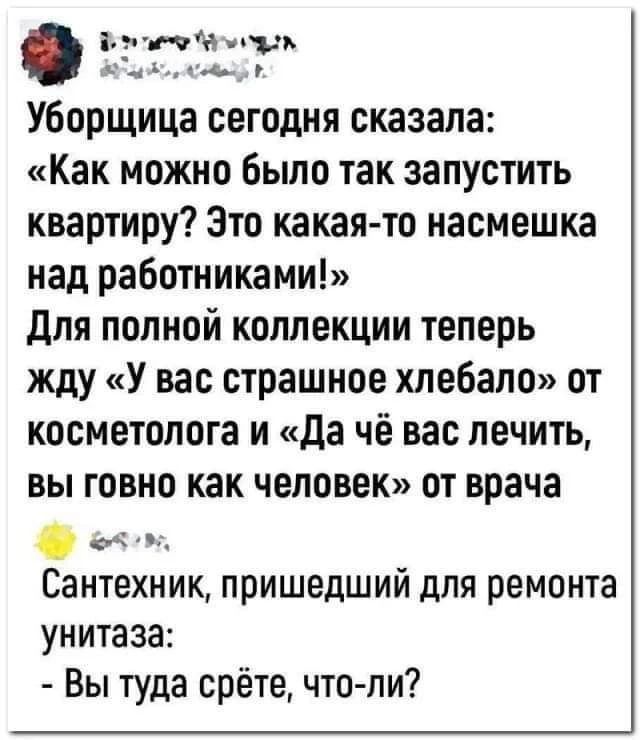 Уборщица сегодня сказала: «Как можно было так запустить квартиру? Это какая-то насмешка над работниками!» Для полной коллекции теперь жду «У вас страшное хлебало» от косметолога и «Да чё вас лечить, вы говно как человек» от врача. Сантехник, пришедший для ремонта унитаза: - Вы туда срёте, что-ли?