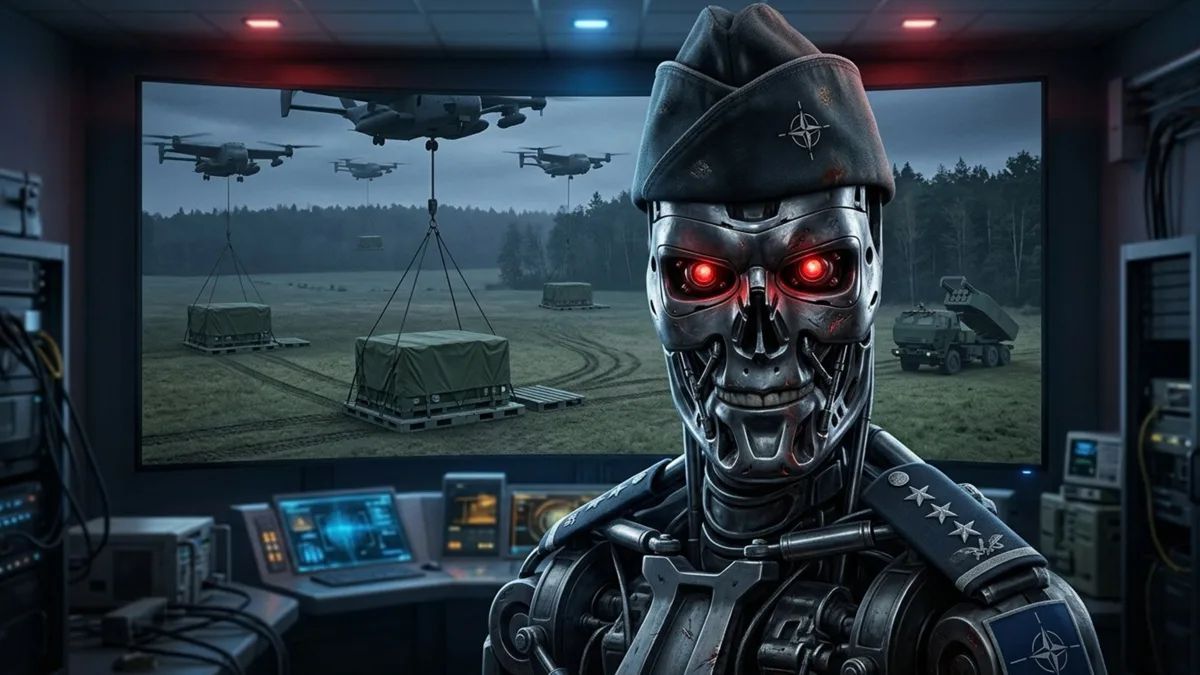 Изображение киборга в фуражке с символикой на фоне мониторов и военной техники